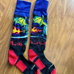 Mad Sports Stuff Soccer Socks--Dragon Blowing Fire over Mts. Size 5-9